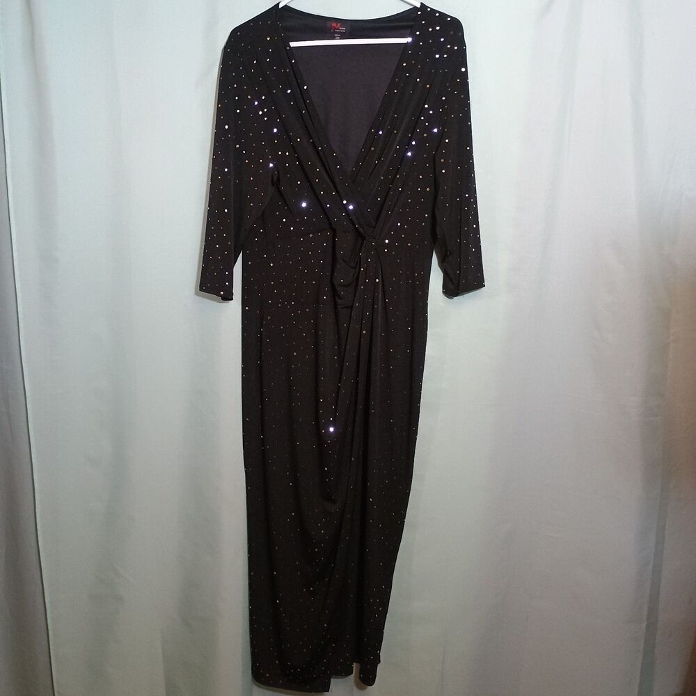 Women’s Black Rhinestone Sparkle Maxi Dress – Ruched V-Neck 3/4 Sleeve